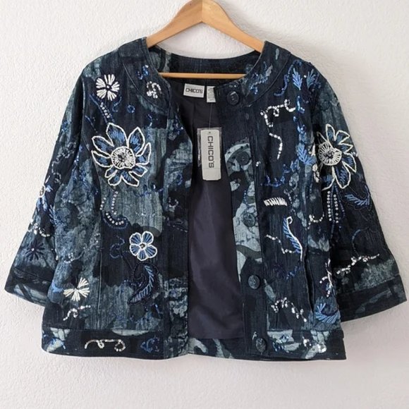 Chico's Collarless Beaded & Embroidered Denim Jacket, Blue / White, Large - Picture 2 of 14